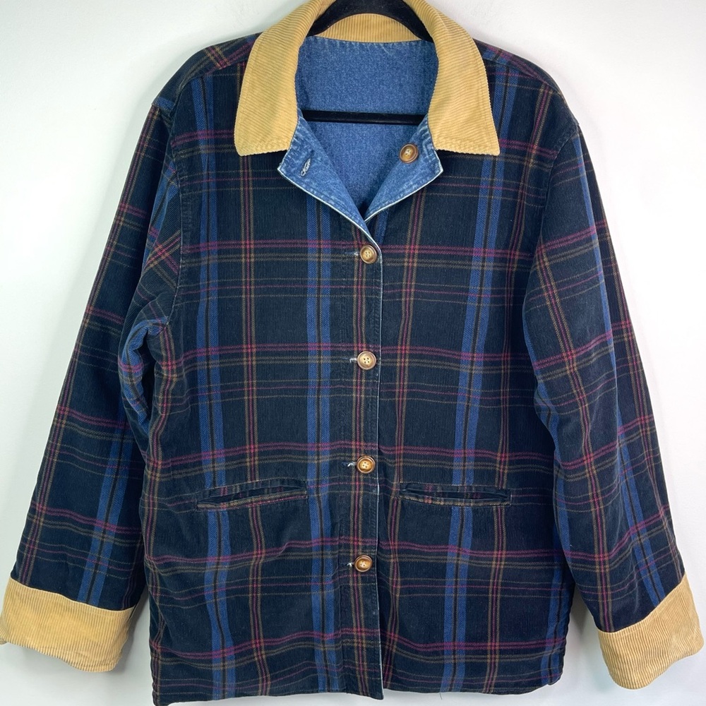 Vintage Herman Geist 90’s  Reversible Barn Coat Denim-Plaid Corduroy Size L - Picture 7 of 12